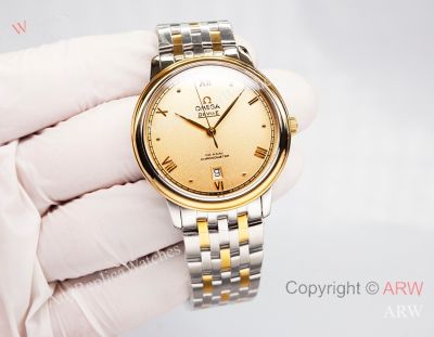 High Quality Replica Omega De Ville Series Couple Italian Leather/Stainless Steel Silver Strap Gold Sunburst Face Dial Gold Stainless Steel Case Watch Different Sizes (39.5mm/32.7mm)